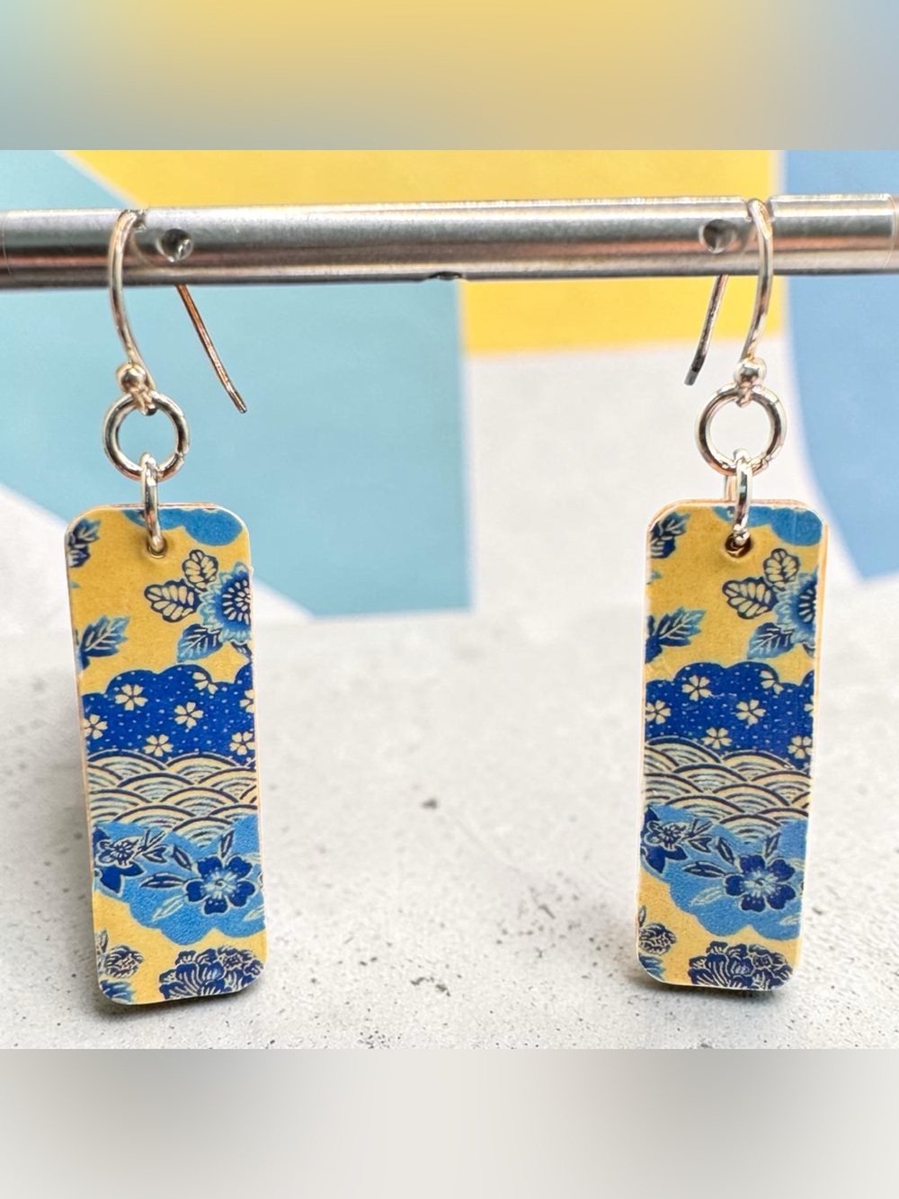 Handcrafted Blue and Yellow Floral Drop Earrings - SKU B